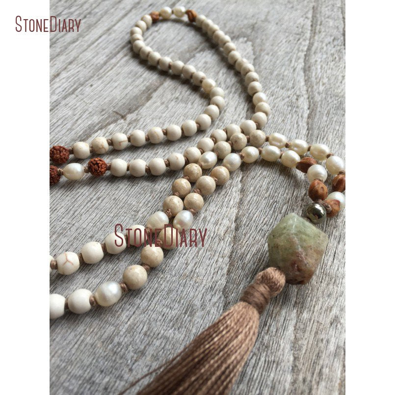 Howlite, Pearl, Riverstone and Rudraksha Mala