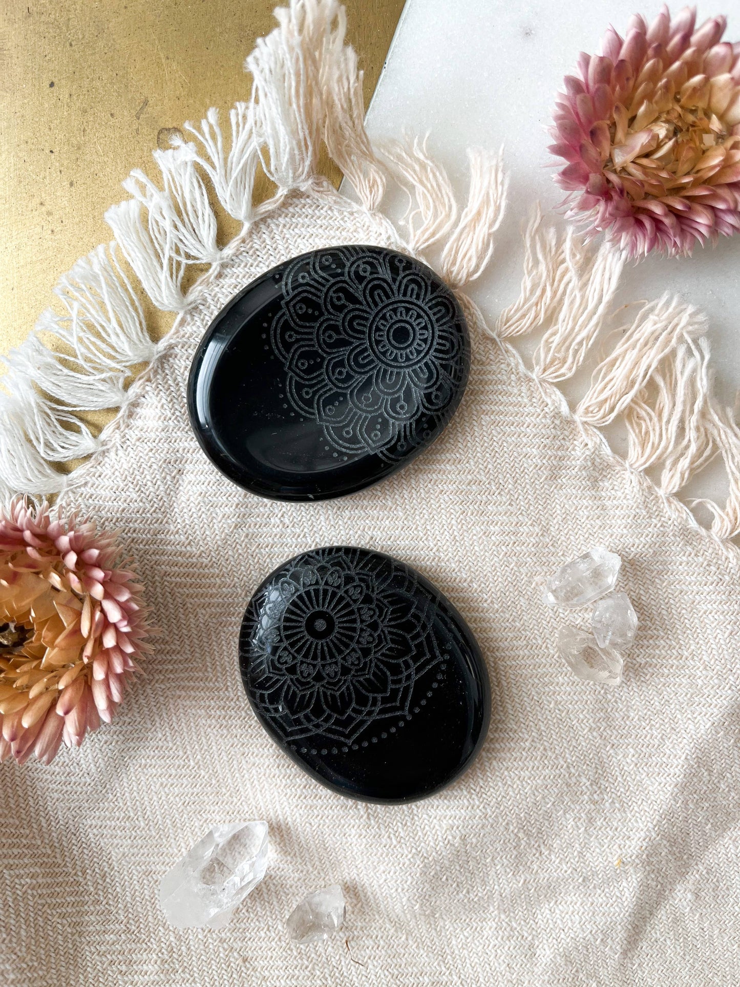 Etched Obsidian Worry Stone - Assorted Mandalas