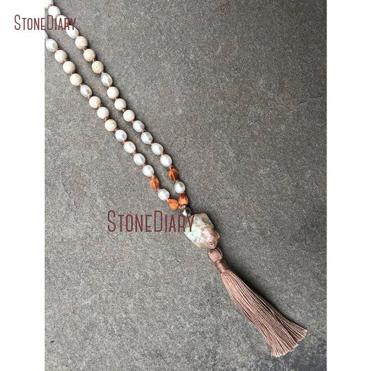 Howlite, Pearl, Riverstone and Rudraksha Mala